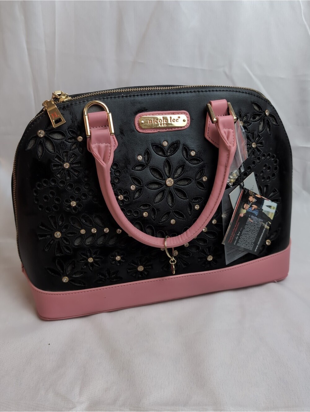 Nicole Lee Floral Design Rhinestone Dome Top Purse Handbag W Detachable Strap